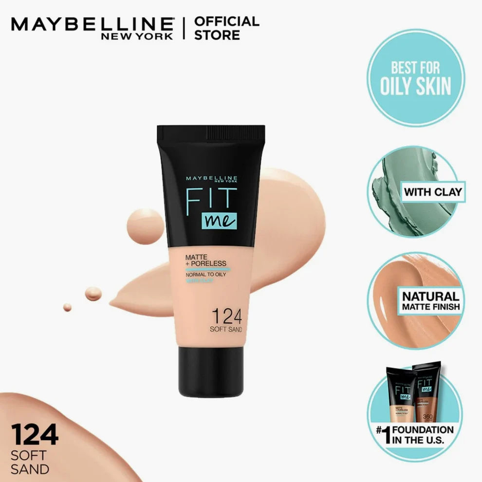 Maybelline Fit Me Matte+Poreless Liquid Foundation With Clay Normal to Oily 124 Soft Sand