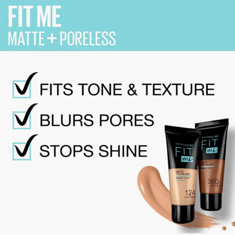 Maybelline Fit Me Matte+Poreless Liquid Foundation With Clay Normal to Oily 124 Soft Sand